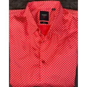 Guess Mens XL Embroidered Logo Slim Fit Button Up Long Sleeve Shirt Red White